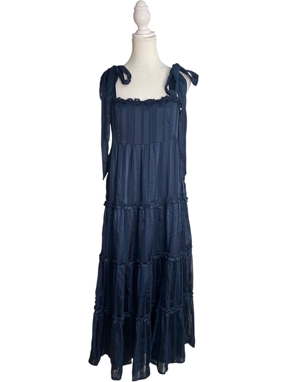 Lulus Day for Romance Tie-Strap Tiered Midi Dress Navy Blue